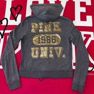 Victoria’s Secret PINK Gray Rhinestone Bling Full Zip Hoodie Size Large Y2K